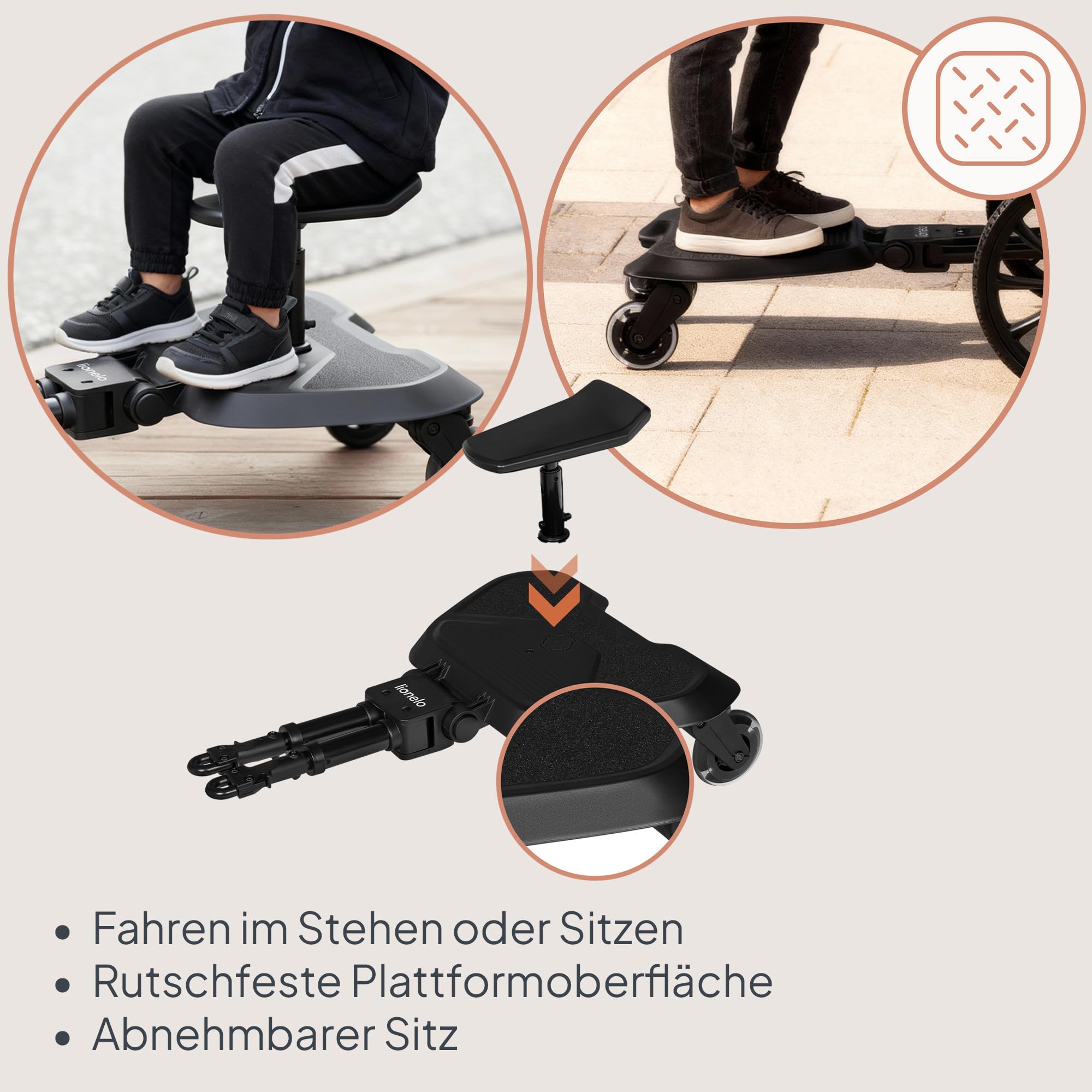 LIONELO Buggy Board 2-in-1 Mitfahrbrett für Kinderwagen mit abnehmbarem Sitz, universell passend, Stoßdämpfung, LED-Räder, bis 25 kg, für Kinder 2-5 Jahre