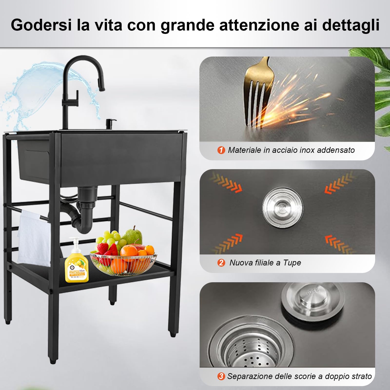 60x45x86cm Lavandino da Esterno, Witriolik Lavello da Esterno Nero con Scolapiatti e Kit di scarico e Rubinetto Alza/Estraibile, Lavello Cucina Professionale per Garage, Ristorante, Cucina, Lavanderia