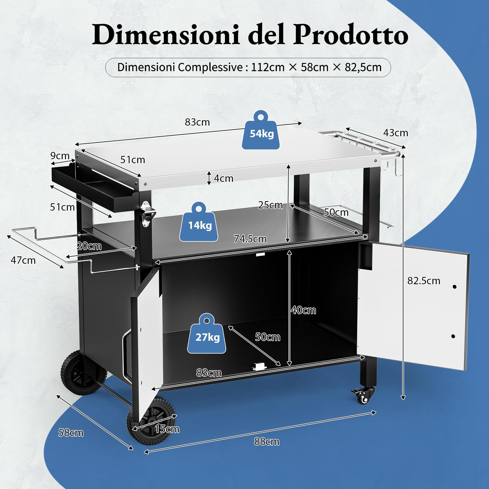 TLSUNNY Carrello per Barbecue con Piano in Acciaio Inox, Tavolo per Barbecue con Porta, 4 Ruote, Carrello da Cucina da Esterno, Carrello da Giardino per Terrazzo, Balcone, Picnic, 112 x 51 x 82.5 cm