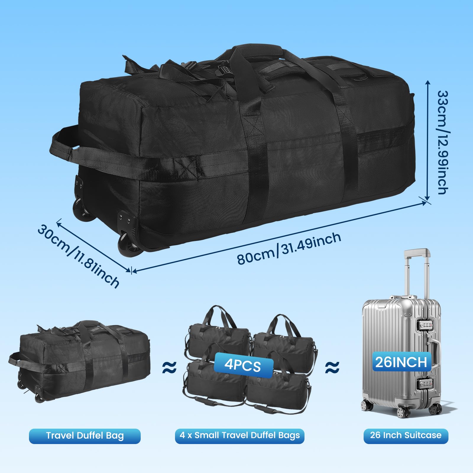 Bolsa de Viaje Plegable con Ruedas 90L, 3 en 1 Mochila con Ruedas, Bolsa de Deporte, Trolley Bolsas de Viaje, Tejido Oxford Impermeable, Ruedas 360°, para Camping, Viajes, Deporte (80x33x30 cm)