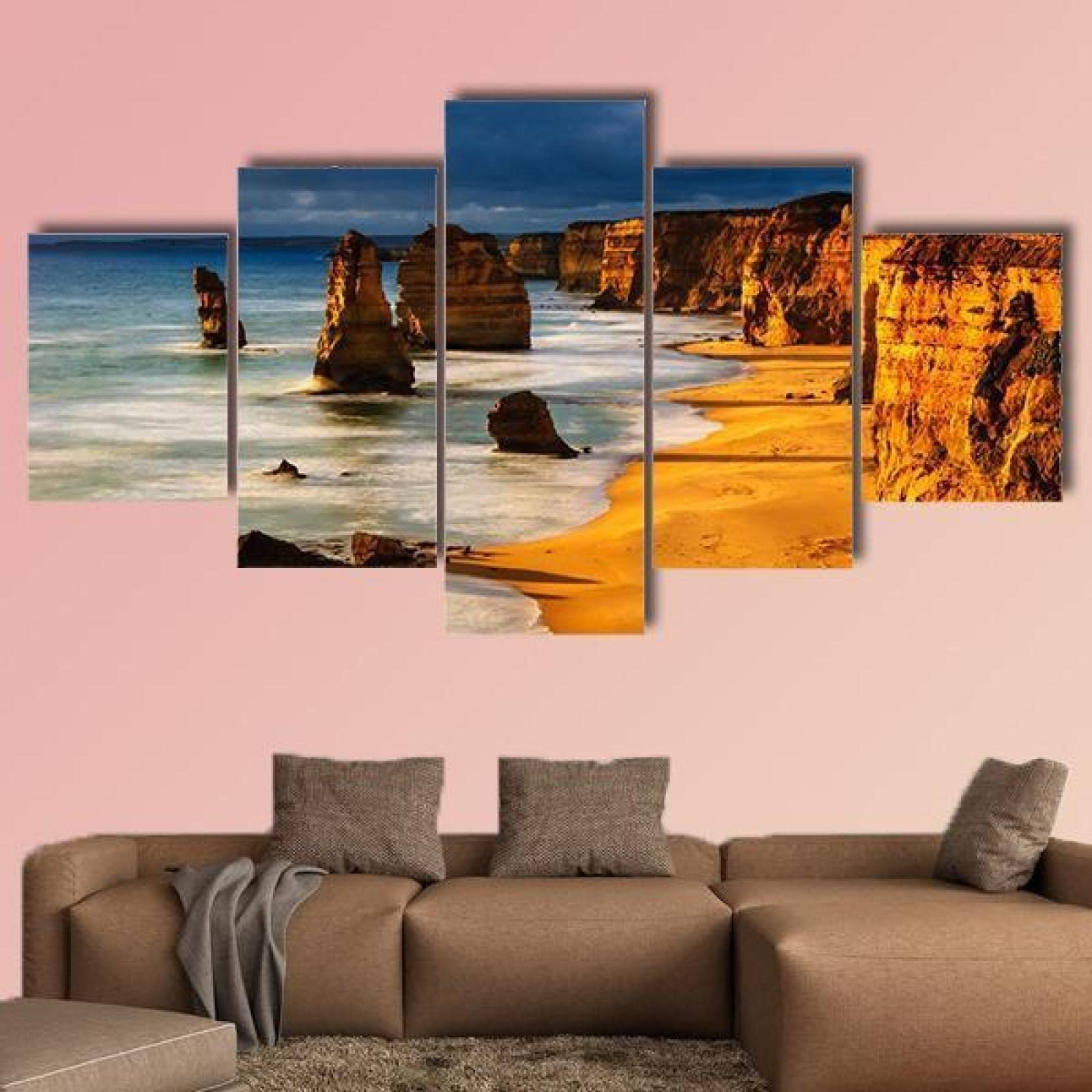 Mit Rahmen Leinwandbild 5 TLG Kunstdruck,Bilder auf Leinwand 5 TLG Vlies Wandbild Zwölf Apostel in Australien bei Sonnenuntergang,Leinwand Gemälde xxl,Puzzle,leinwanddrucke,5 Stücke Bilder,125x60