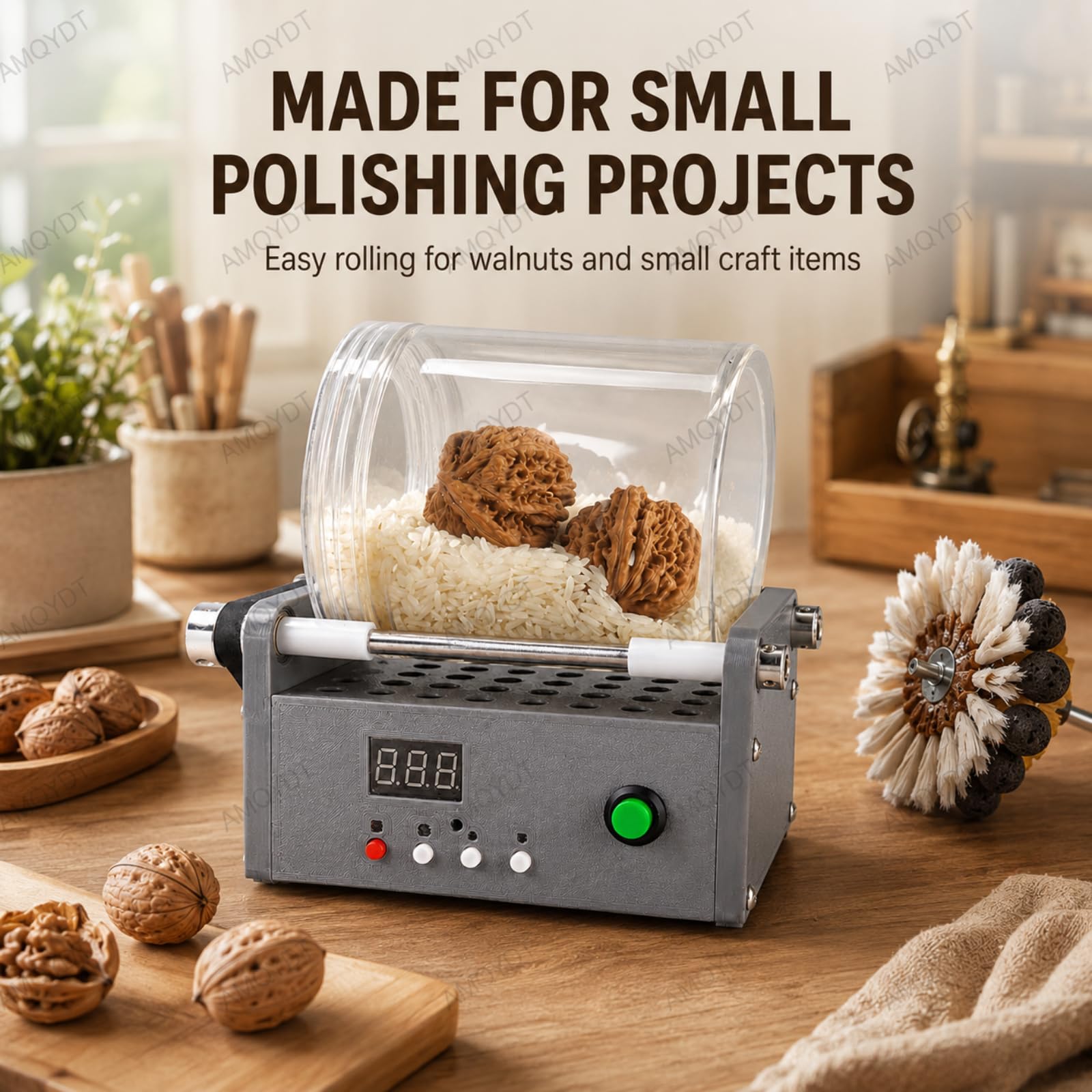 Mini polisseuse à tambour de table, polisseuse rotative électrique avec vitesse réglable de 0 à 60 tr/min, minuterie intégrée et tambour scellé en PET pour abrasifs à sec, Walnut Crafts