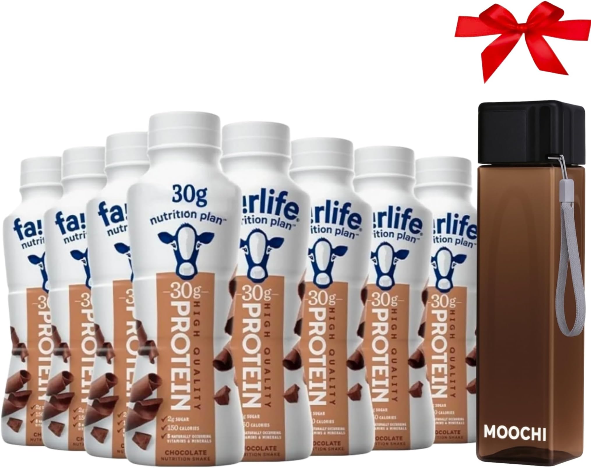 Nutrition Plan Chocolate High Protein Shake – 30g Protein (8 Pack) + Get Free Reusable Water Bottle | Custom Bundled by MOOCHI