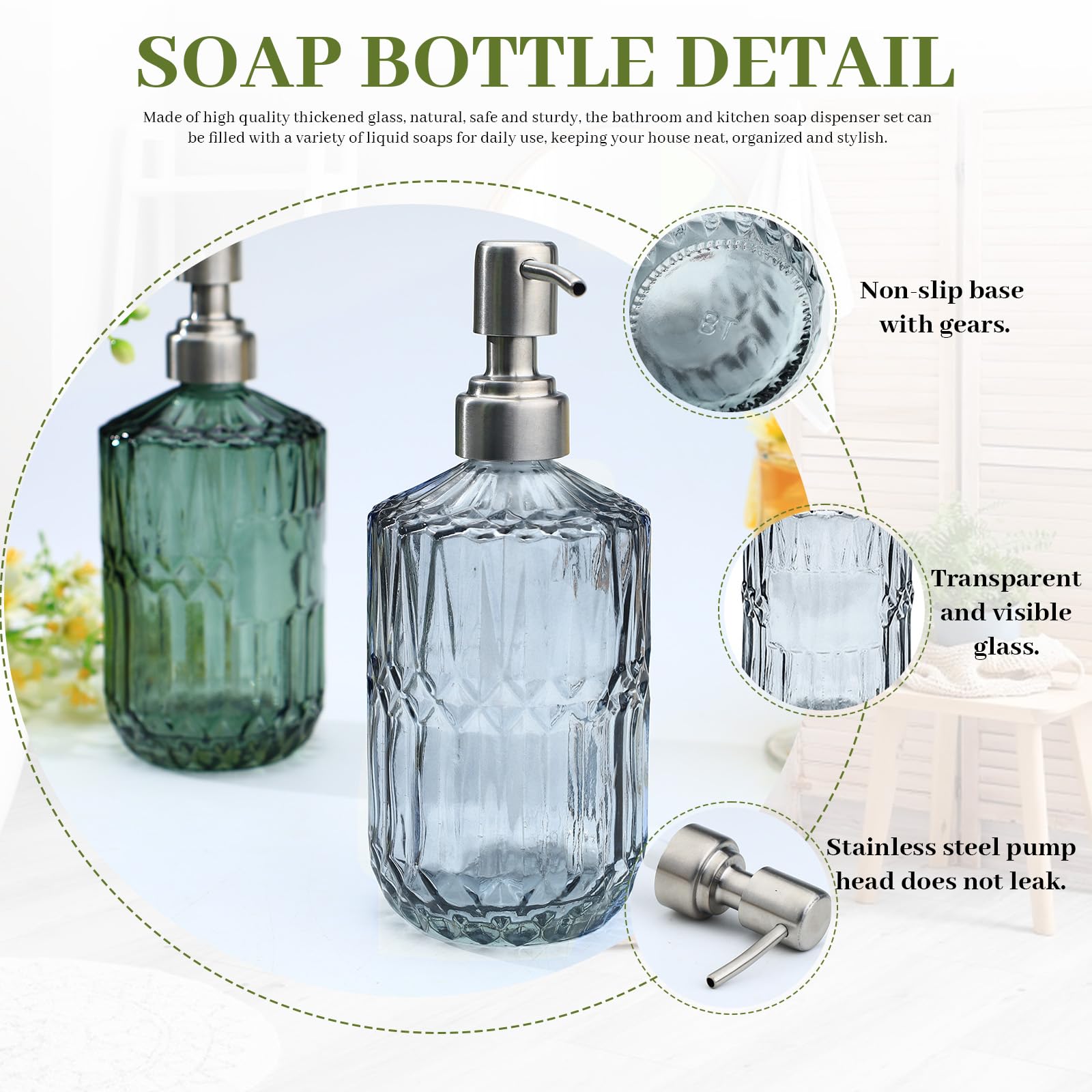 2 dispenser di sapone in vetro con pompa in acciaio inossidabile, 450 ml, vintage, ricaricabile, set per bagno, cucina, sapone per le mani, sapone per piatti, lozioni (grigio)