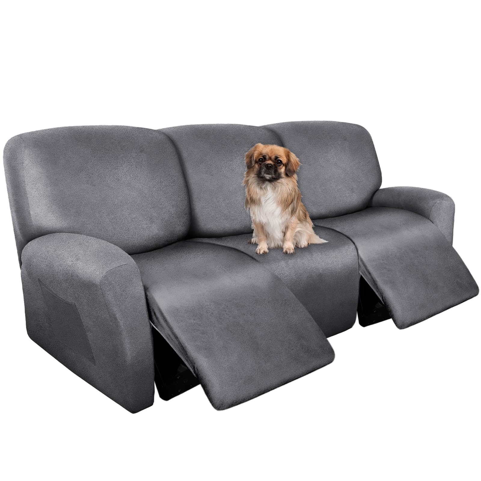 ANARACHON Recliner Couch Cover Leather Look Recliner Sofa Covers for 3 Cushion Reclining Sofa Slipcovers 8-Pieces Furniture Protector Spandex Fabric Washable (3 Seater, 01 Light Grey)