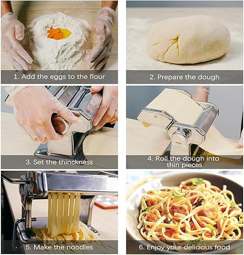 Vista 5 de Máquina para hacer pasta con 9 ajustes de grosor ajustable, máquina de fideos 2 en 1, incluye cortador de pasta, accesorio para máquina de ravioles