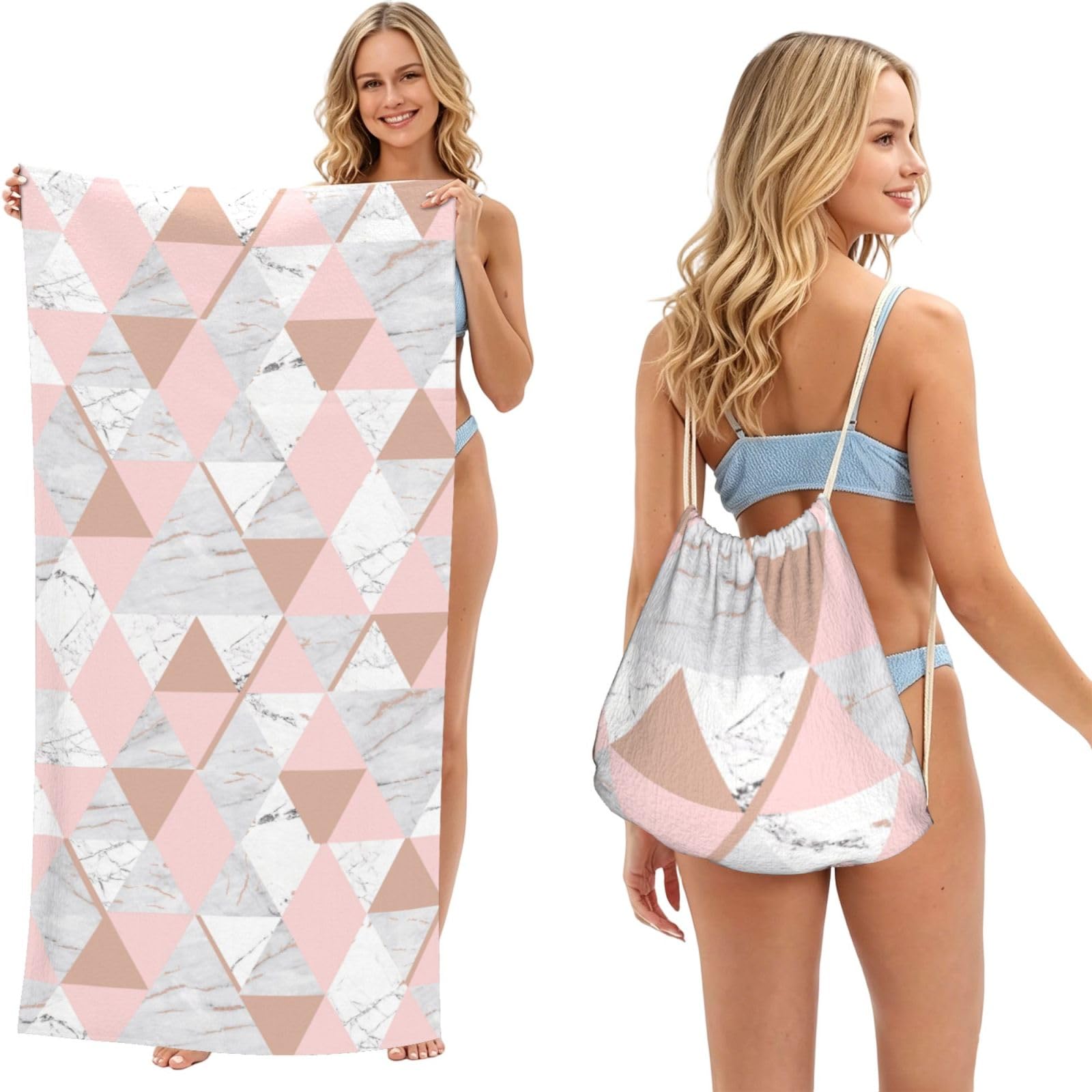 Poadnly As Picture Rose Gold Triangle Marble Pattern, 2 In 1 Packable Towel Bag, Beach Towels With Drawstring Backpack For Travel Holiday Camping