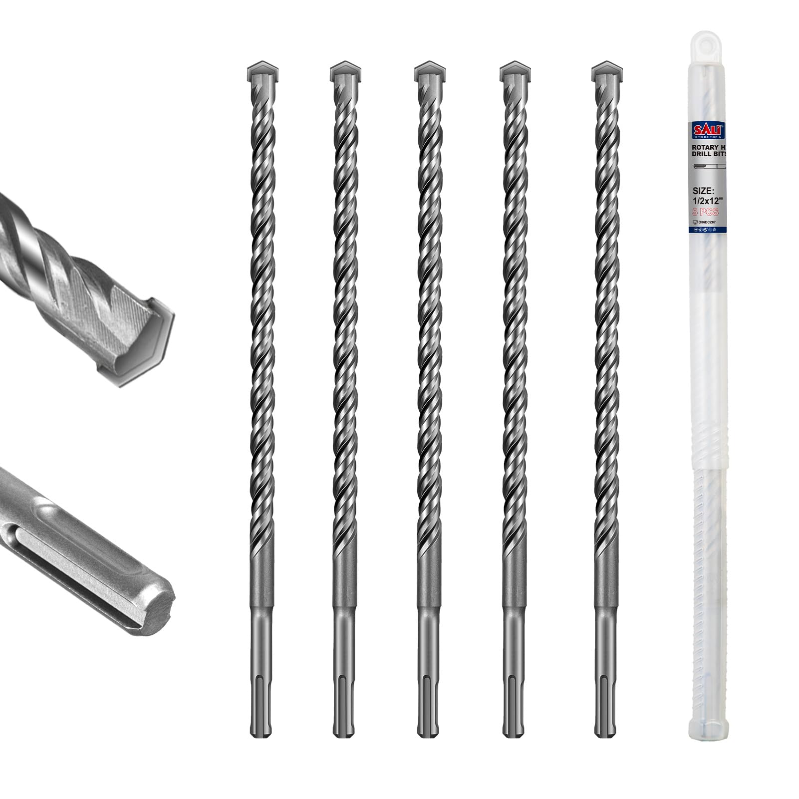 SALI Brocas de martillo rotativo de 1/2 x 12 pulgadas, 5 brocas de martillo rotativo para hormigón, herramienta de agujero de mampostería con estuche de almacenamiento para hormigón, piedra, ladrillo