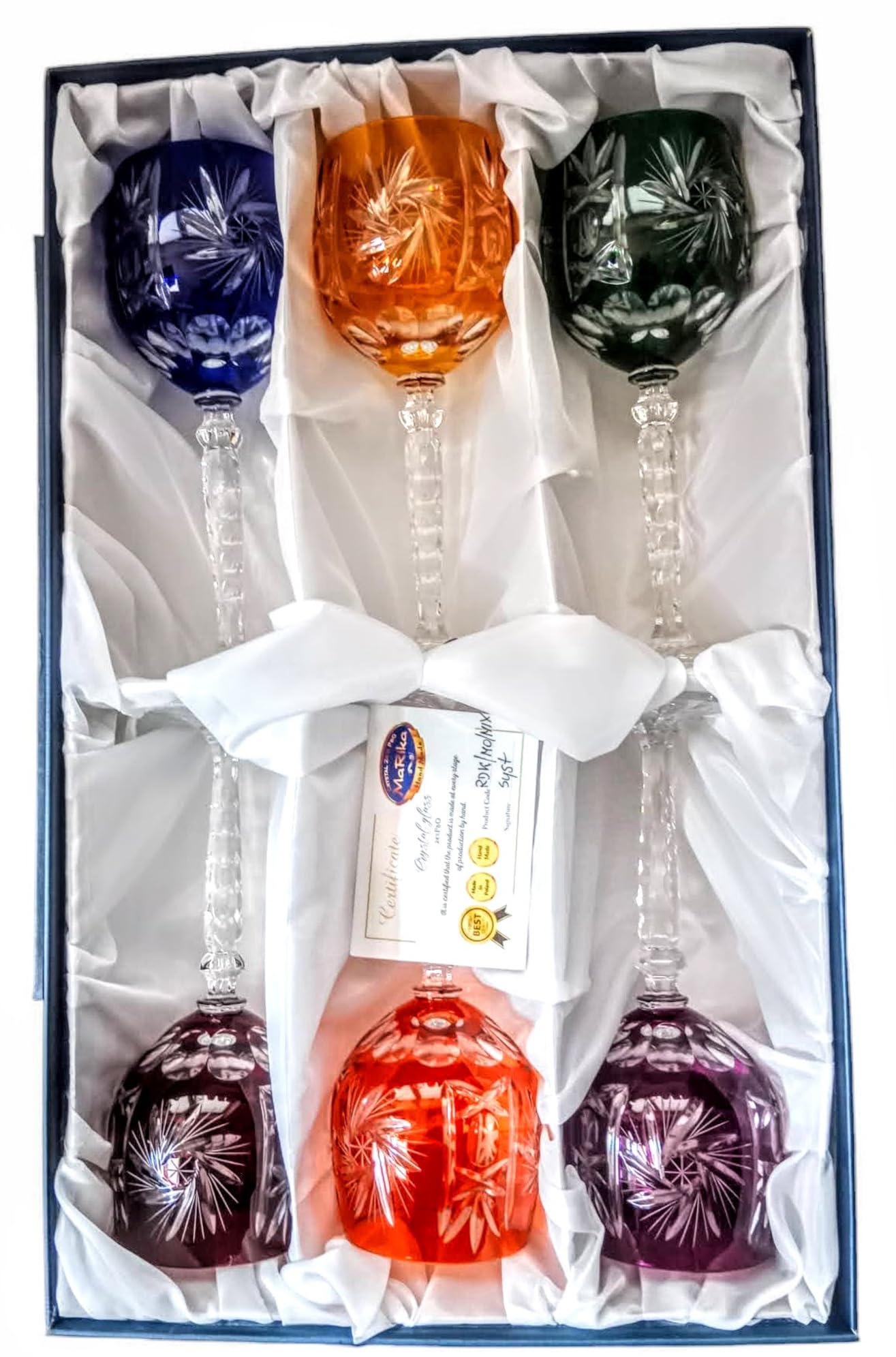 MaRika Lot de 6 verres à vin en cristal, 280 ml, multicolores, faits à la main, parfaits pour le vin rouge et le vin blanc, idée cadeau