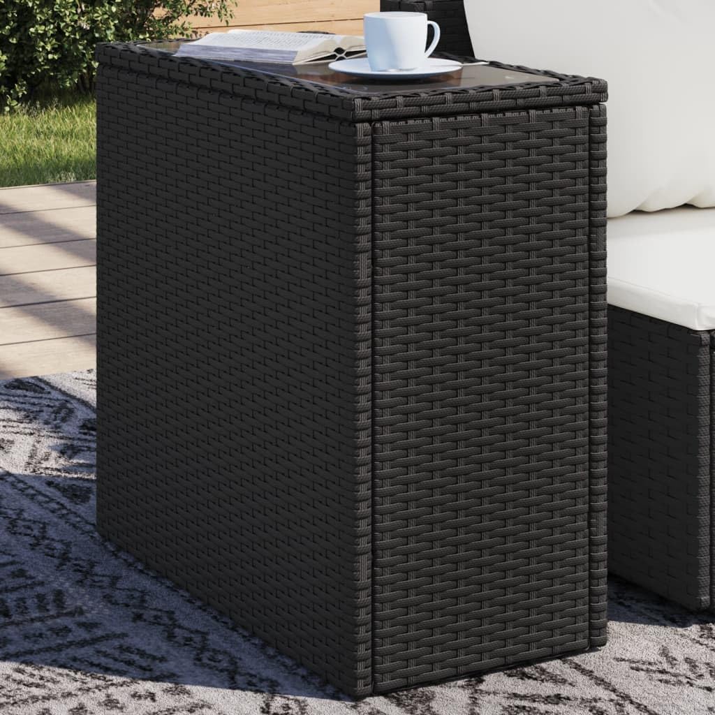 SXZenSpace Black Garden Side Table with Tempered Glass Top 58 x 27.5 55 cm, PE Rattan Outdoor Coffee for Small Patio, Balcony, Bistro and Deck