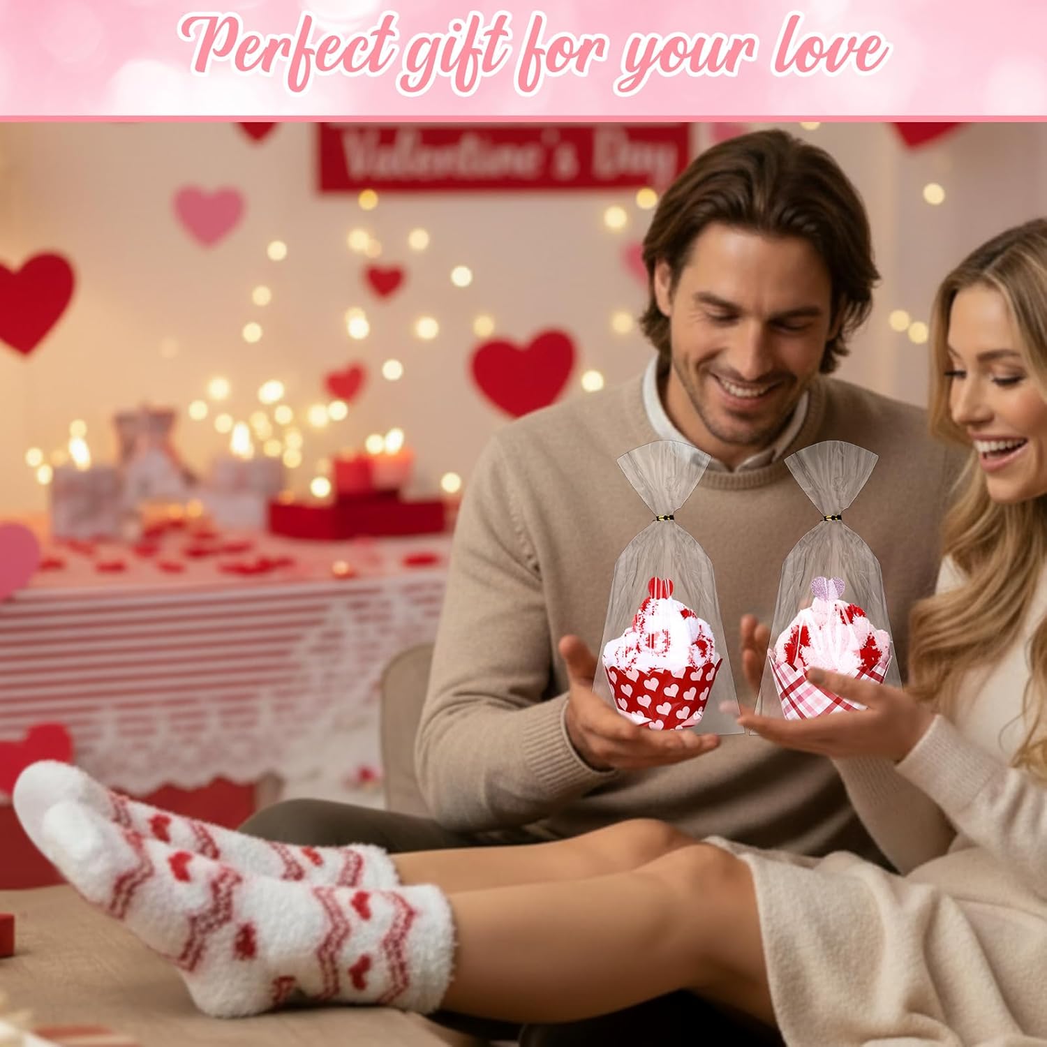 Coume 24 Pairs Valentine's Day Fuzzy Cupcake Socks Bulk for Women Heart Socks Fluffy Cozy DIY Red Pink Galentine's Day Gift
