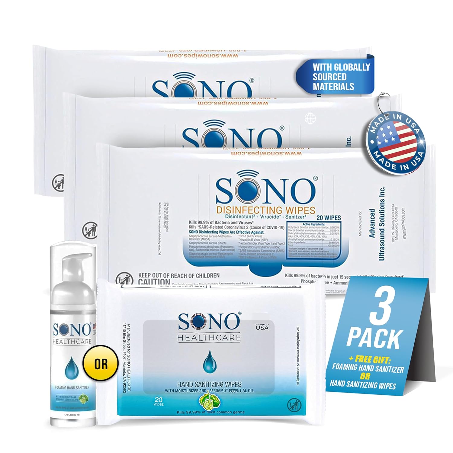 SONO Disinfecting Wipes - 60 Count Pack of 3 Sanitizer Travel Size Alcohol-Free No Bleach Medical-Grade Multi-Surface Cleaning