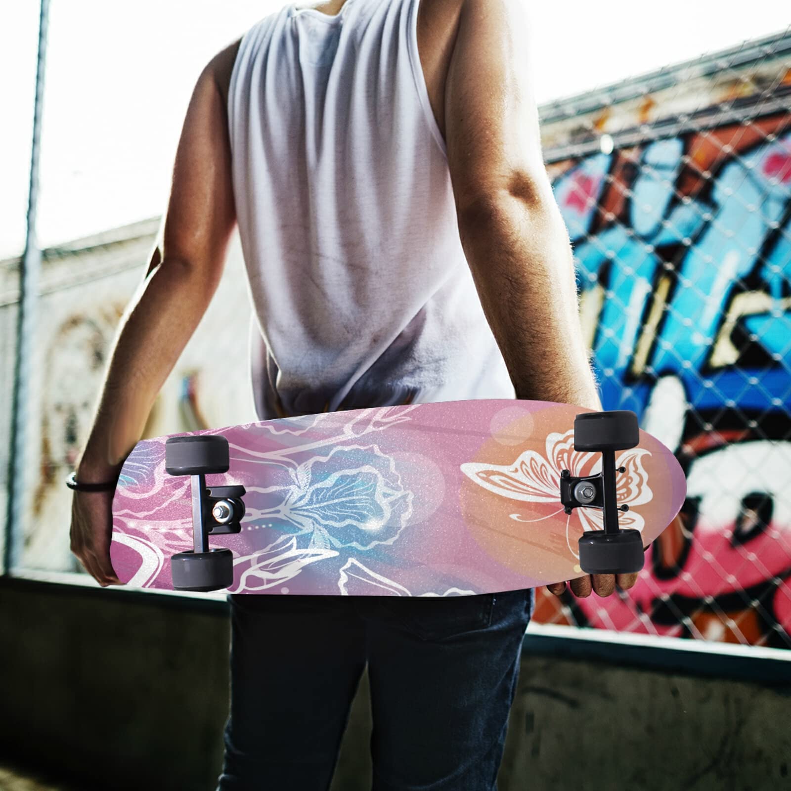 Adesivo murale sport Skateboard rosa fiori di ciliegio - TenStickers