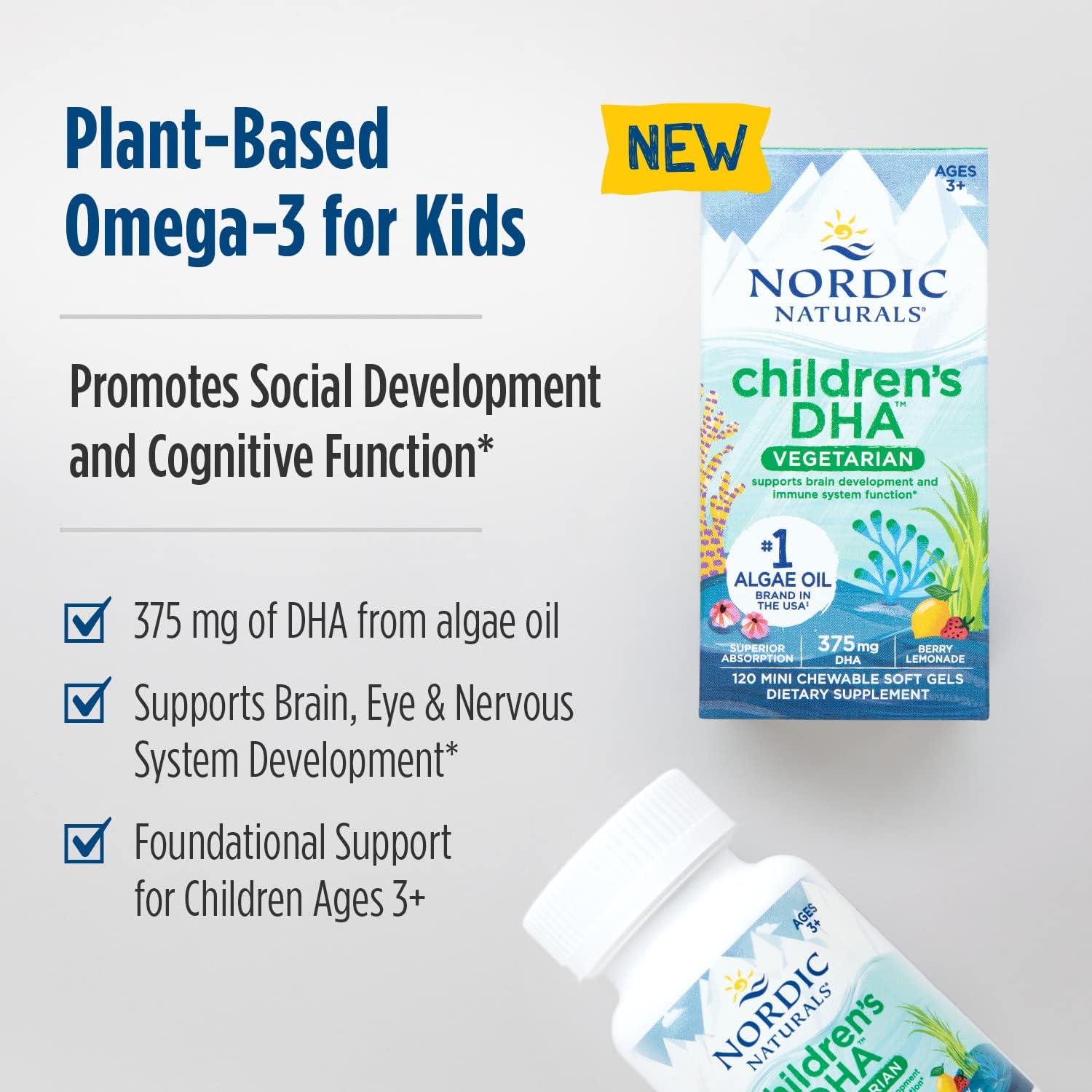 Nordic Naturals Children's DHA Vegetarian - Kids DHA Omega-3 Supplement -Algae Oil - Berry Lemonade Mini Chewables - Plant-Based Formula for Ages 3+ - 120 Soft Gels - 40 Servings - Image 7