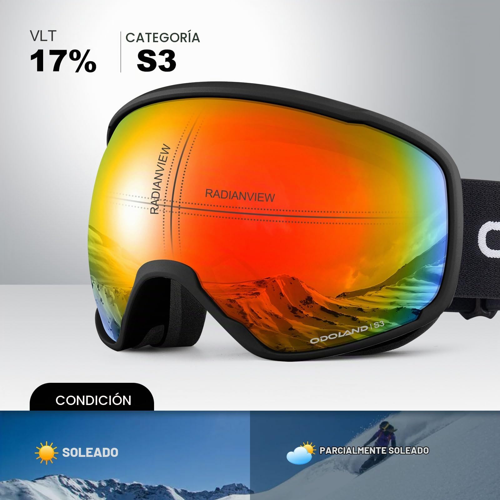 Odoland Gafas de Esquí para Adultos y Jóvenes, Gafas de Snowboard de Doble Capa - Protección UV y a Prueba de Viento, Correa Ajustable, BR
