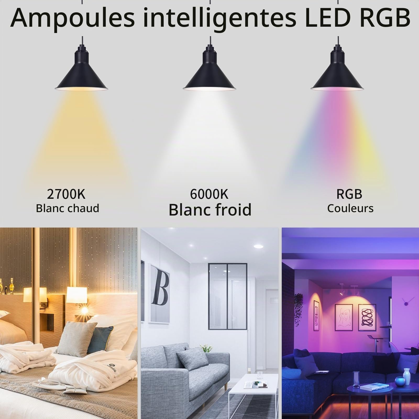 I-SHUNFA Ampoule Intelligente WiFi Smart E27 RGBCW LED,3 Pack | Changement de Couleur avec Synchronisation Musicale des Ampoules,10W,800LM,Fonctionnant avec Alexa Google Home