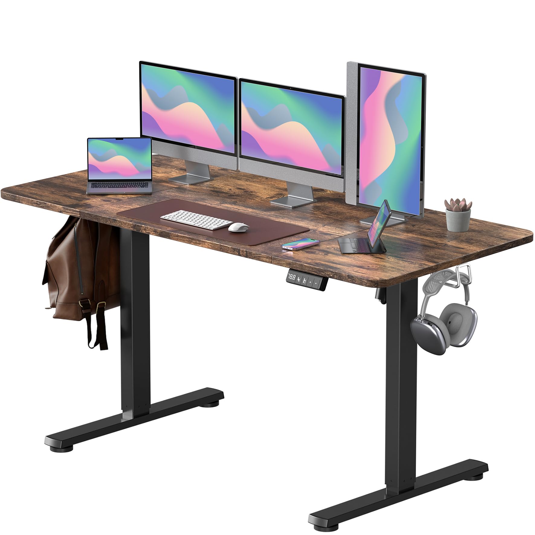 VOSATRON Elektrisch Höhenverstellbarer Schreibtisch 160x60cm Schreibtisch Höhenverstellbar mit Memory-Steuerung und Anti-Kollision Technologie, Rollen, Spleißbrett, Schwarz Rahmen/braun Tischplatte