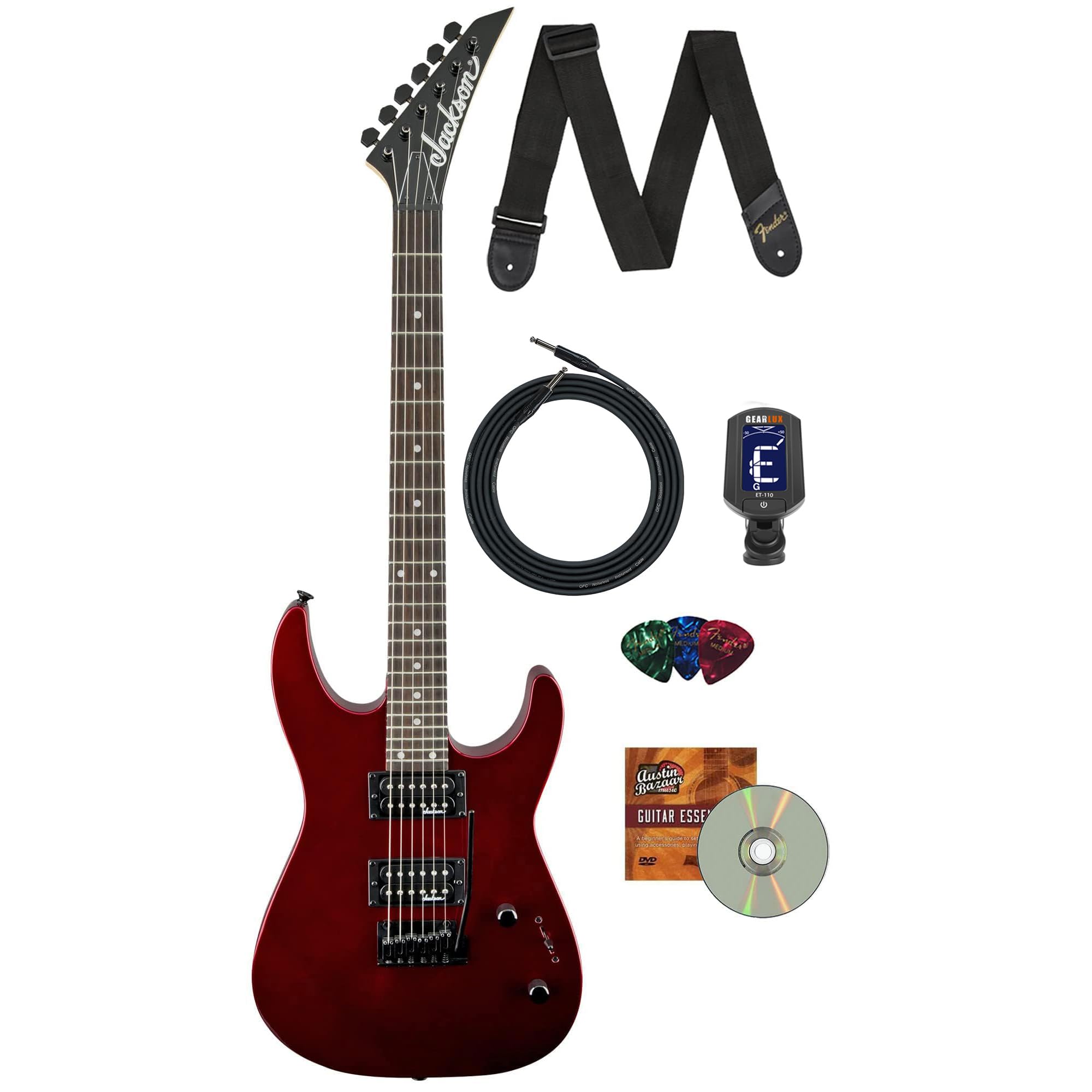 Jackson JS Series Dinky JS12 Electric Guitar - Metallic Red Bundle with Cable, Tuner, Strap, Picks, and Austin Bazaar Instructional DVD