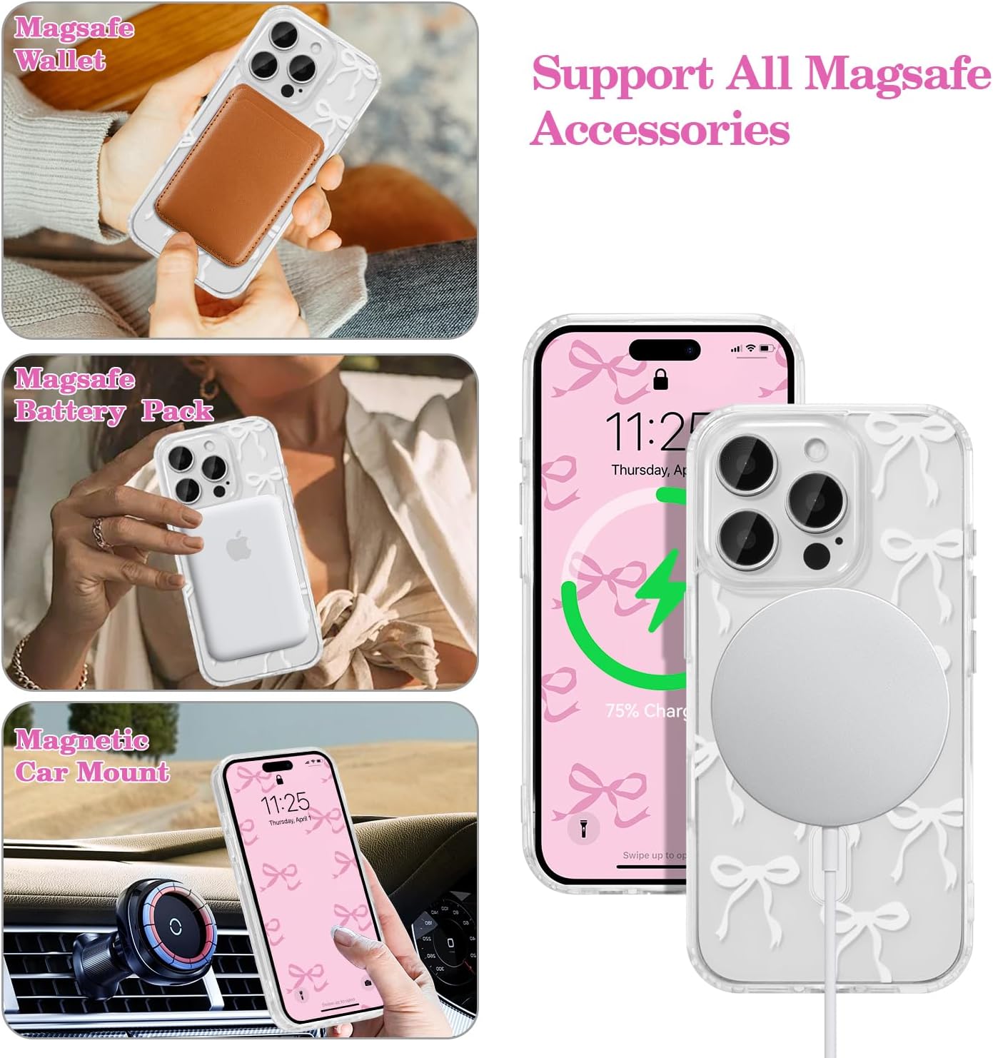 UEEBAI Magnetic for iPhone 13 Pro Max Case, Bow Case Compatible with MagSafe, Wireless Slim Clear Ribbon Aesthetic Phone Cover Anti-Yellowing Shockproof Protective Cover for Women Girl - White - Image 2