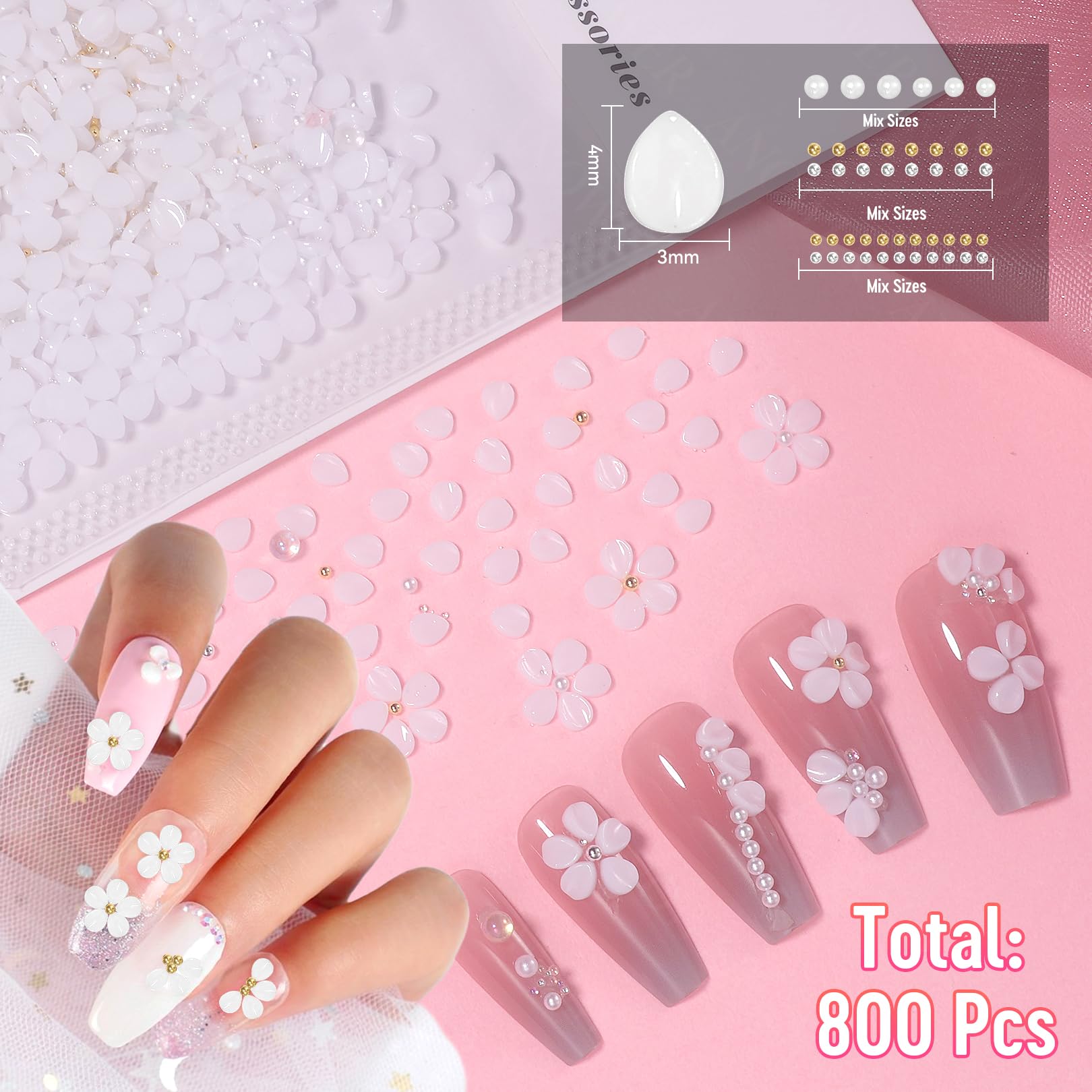 800 fiori bianchi 3D per unghie, fiori acrilici 3D per unghie, perline per unghie, gemme per unghie e strass floreali, strass, petali, cristalli acrilici, ciondoli per unghie