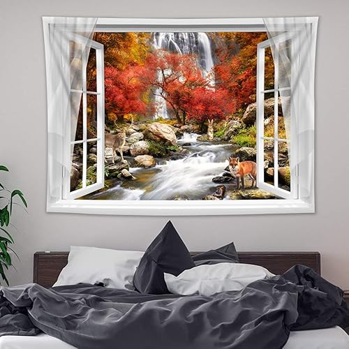 Miniatura 3 de HVEST Tapiz de bosque de otoño para colgar en la pared, diseño de zorro, ciervo, en otoño, arce, bosque, cascada, tapiz de paisaje natural para