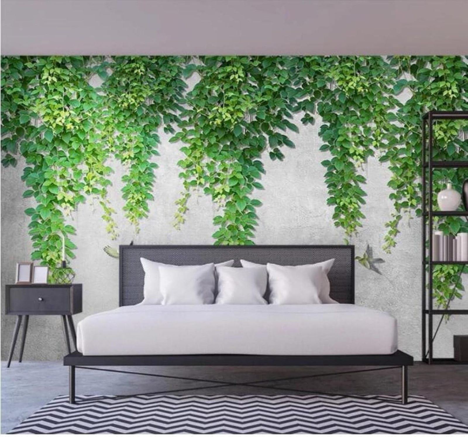 XLMING Grey Concrete Wall Green Leaves Vines Birds 3D Wallpaper Luxury Silk Study Dining Feature Sofa Grey Bedroom Living Room Tv Decorative Wall-150cm×105cm