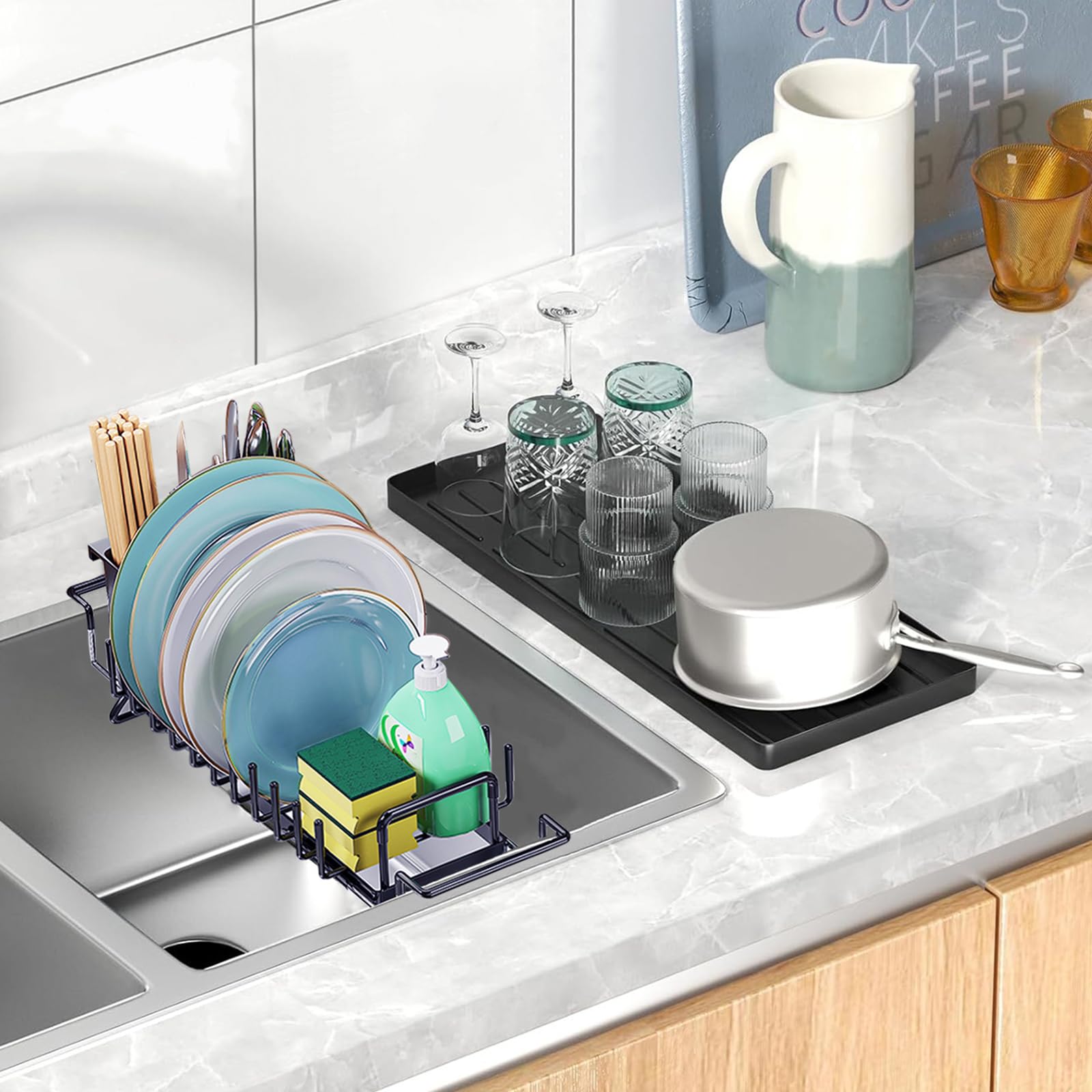 Telescopic Small Dish Rack Over The Sink, Dish Drainer Drying Rack with  Silicone, Drying Tray Dish Pans for 14‘’ 19'' Kitchen Sink and Countertop