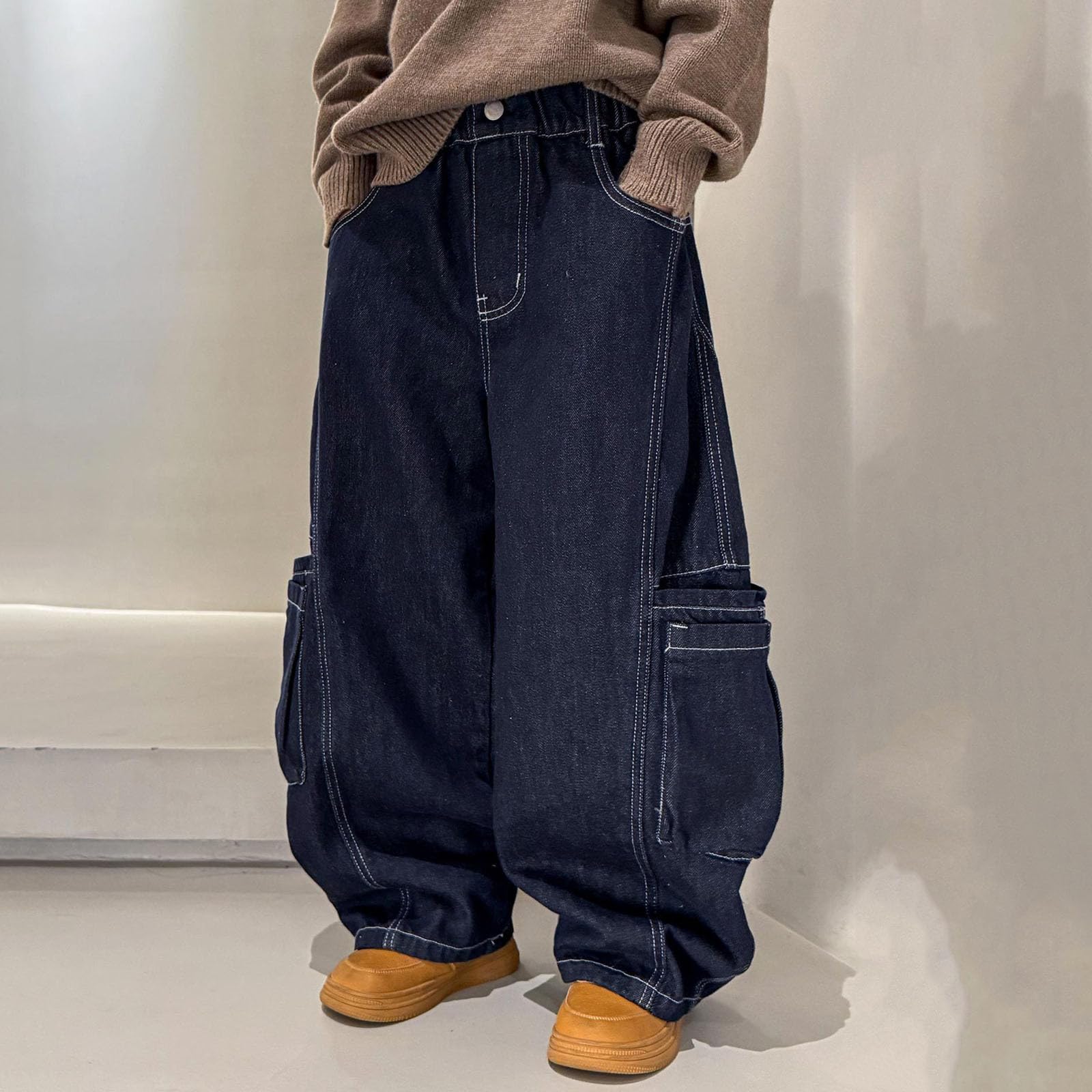 Pantalones Vaqueros Cargo para niños Grandes, de Invierno, con Forro Polar, de Pierna Ancha, Informales y cálidos, para Clima frío.#g