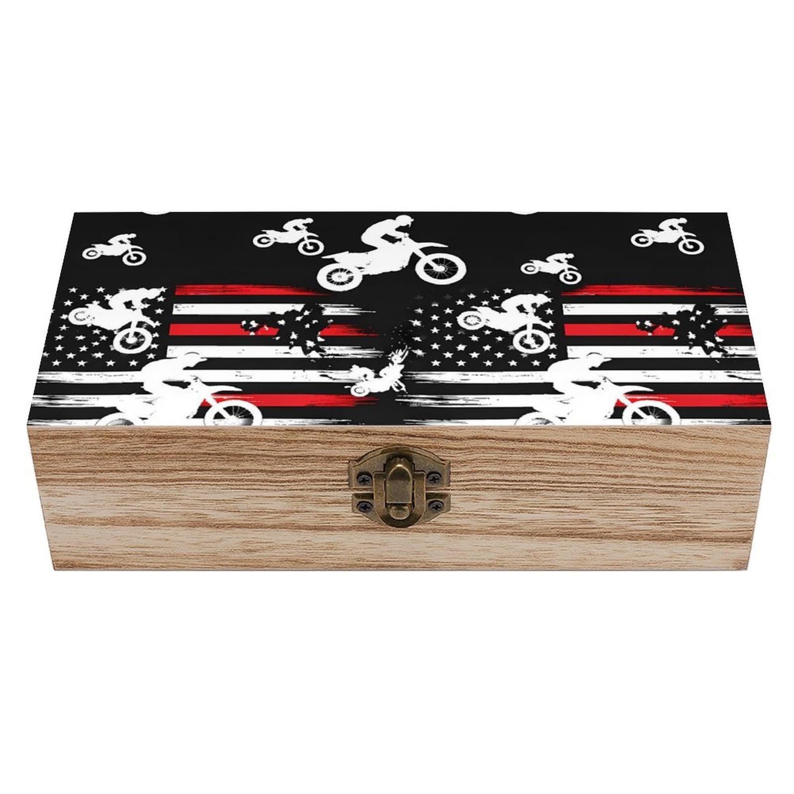 HLBSDM Motorcycle Dirt Bike Thin Red Line American Flag Wooden Storage Box