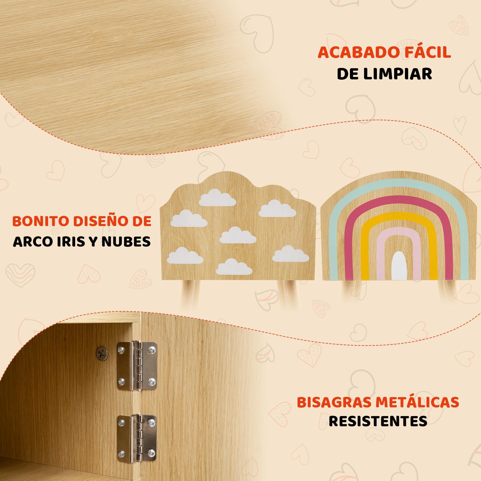 COSTWAY Juego de 2 Mesitas de Noche para Niños, Mesas Auxiliares con Patrones de Arco Iris y Nubes, Patas de Madera Maciza y Dispositivos Antivuelco, Mesillas de Noche Infantiles para Dormitorio