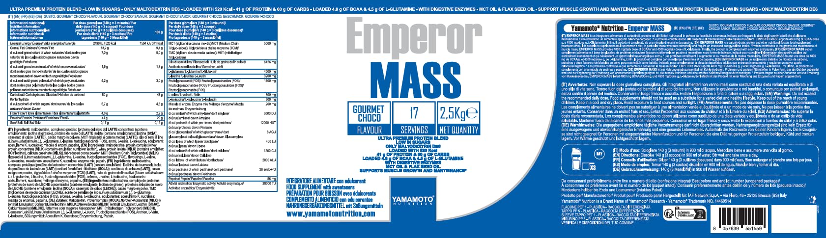 YAMAMOTO NUTRITION Emperor Mass 2500 g New Formula, Integratore alimentare ad alto contenuto proteico, la soluzione perfetta per supportare la crescita muscolare