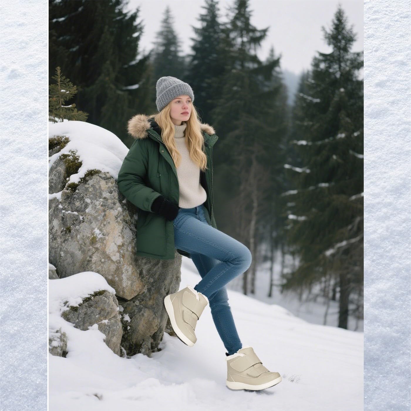 Hsyooes Diabetiker-Stiefel für Damen, breite Breite, Winter-Schneestiefel, warmes Fellfutter, wasserabweisend, rutschfest, bequem, verstellbare Riemen, Winterschuhe für geschwollene Füße