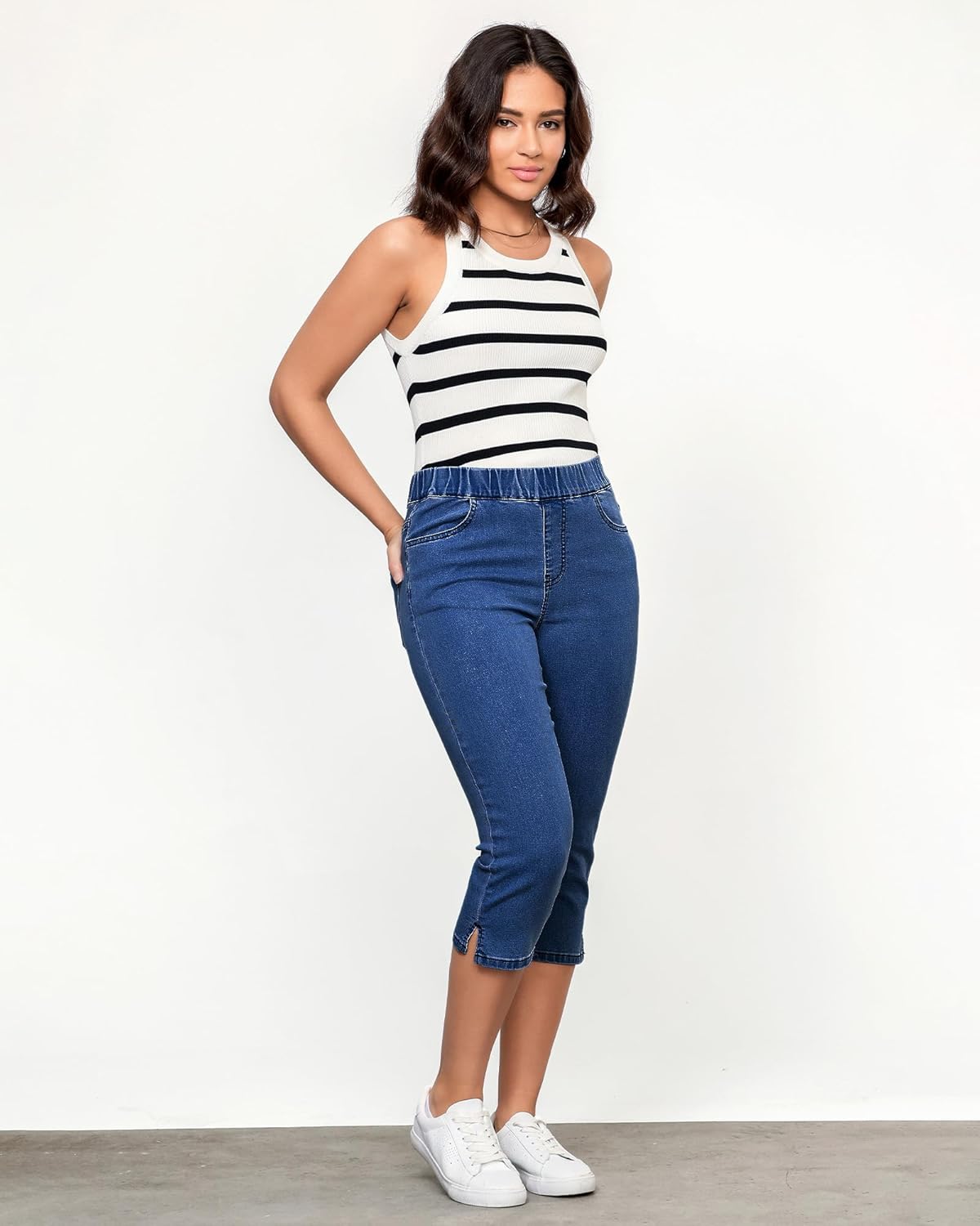 GRAPENT Capris Jeans for Women High Waisted Trendy Pull On Elastic Waist Split Hem Skinny Stretchy Denim Capri Pants - Image 7