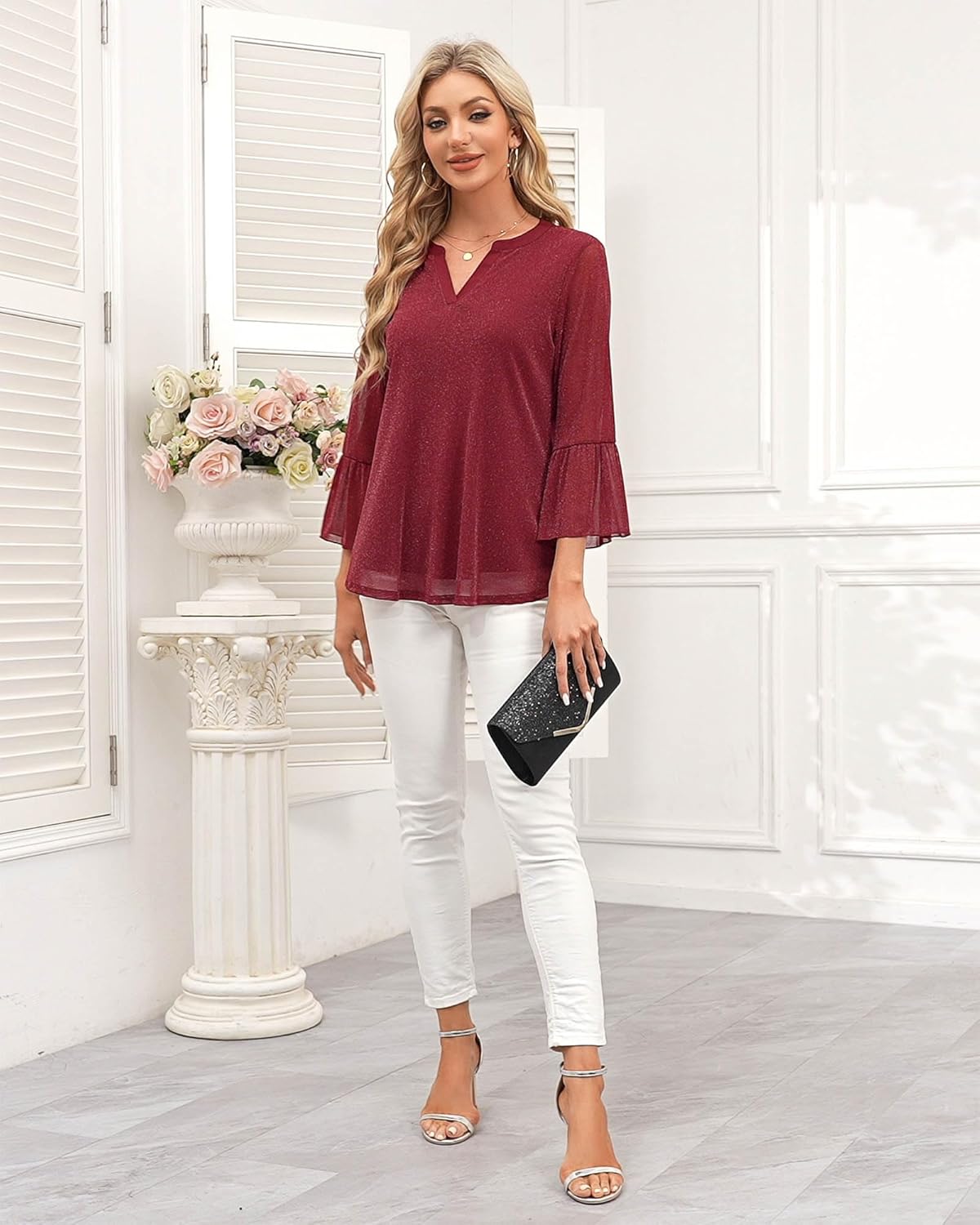 Timeson Women's 3/4 Sleeve Tops and Blouses V Neck Business Casual Shirts Dressy Tunics - Image 4