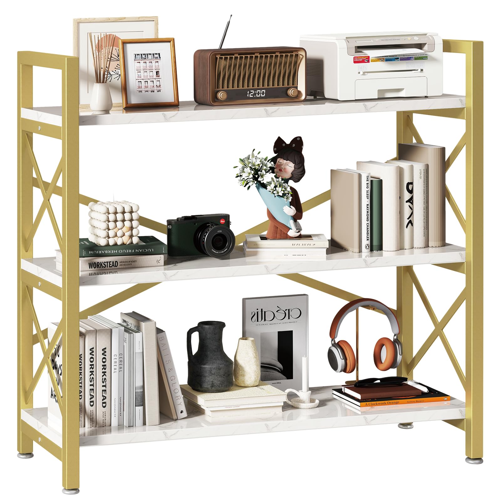 YMYNY Bookcase, Storage Rack, 80×30×81 cm, White marble and gold HBC026GW