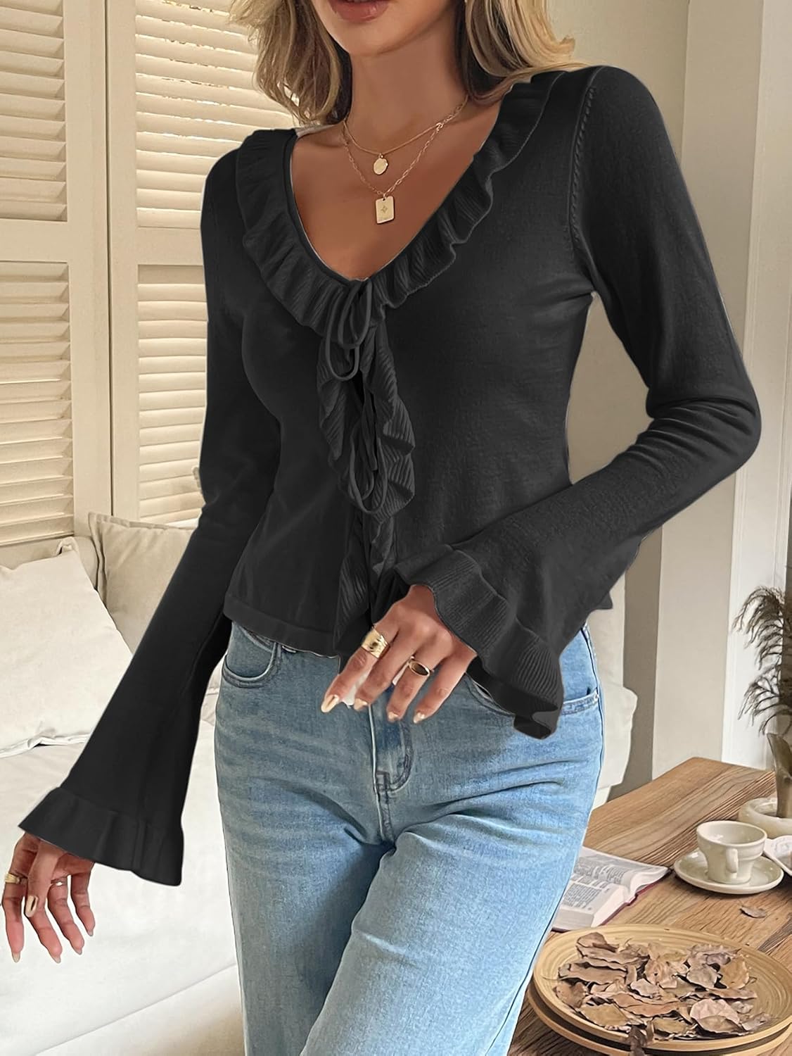 Women's V Neck Ruffle Bell Sleeve Sweater Tie Front Bow Cute Knitted Top Trendy Fall Spring Fashion Y2k Clothes - Image 4