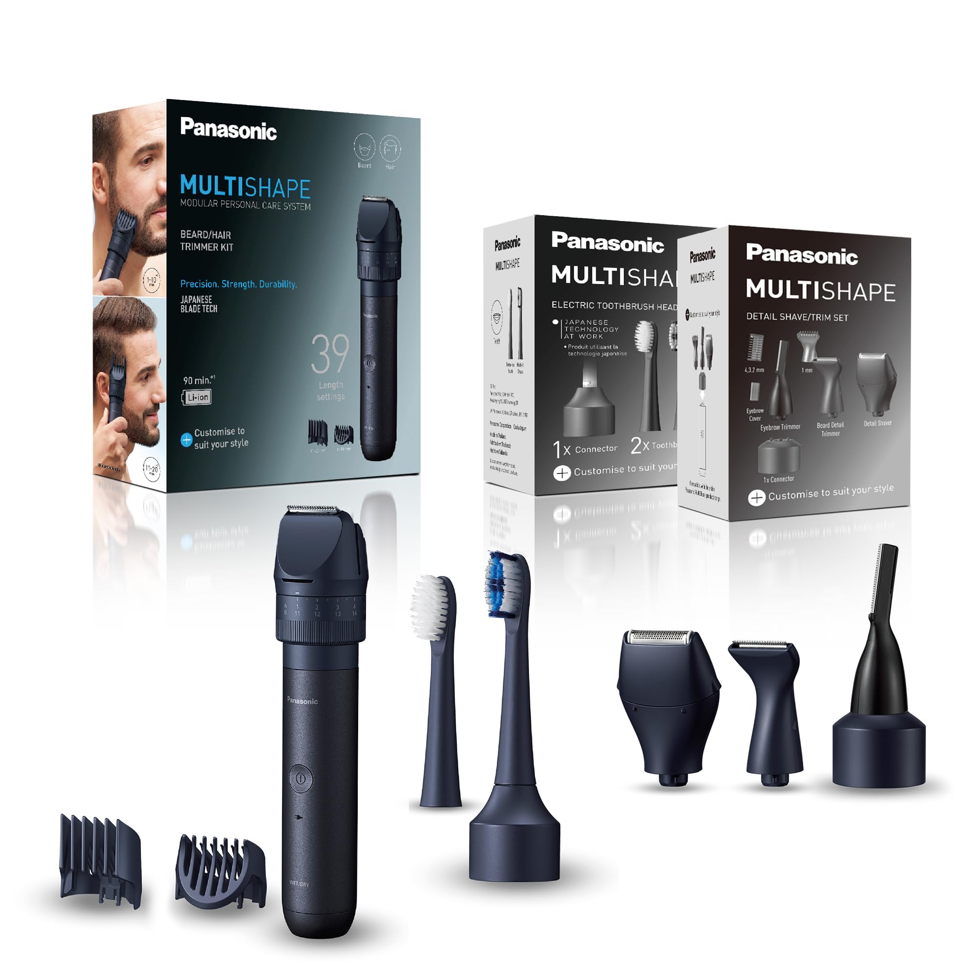 Panasonic MULTISHAPE ER-CKL1, ER-CDT1 & ER-CTB1 Ensemble, Tondeuse à barbe et à cheveux, Ensemble Têtes de Rasage/Tonte, Brosse à dent électrique, Batterie Ni-MH rechargeable, Noir