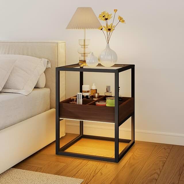 Permory clear tempered-glass-top nightstand with divided storage and light