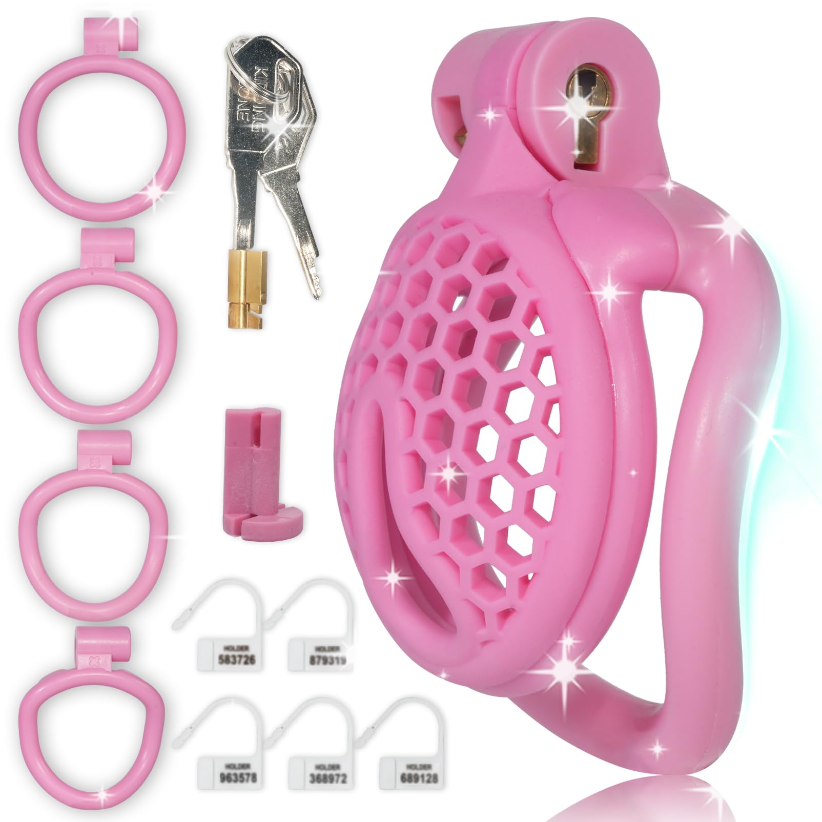 Pink Mini Chastity Cage for Men with 4 Testicle Rings Honeycomb Breathable Cock Cages Dark Lock Design SM Penis Sex Toy for Man Couple (Arc Ring,Pink)