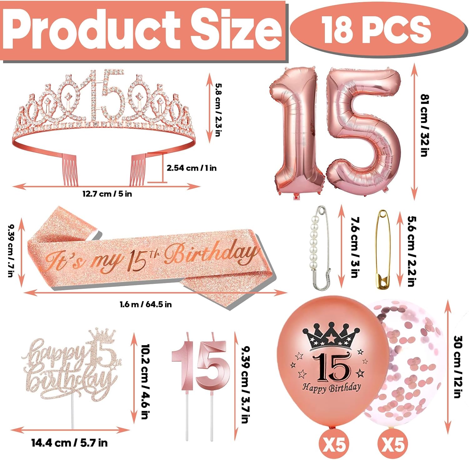 Hysilla 15th Birthday Decorations - Rose Gold Sash, Crown, Cake Topper, Balloons, Pin & Candle Set - Image 2