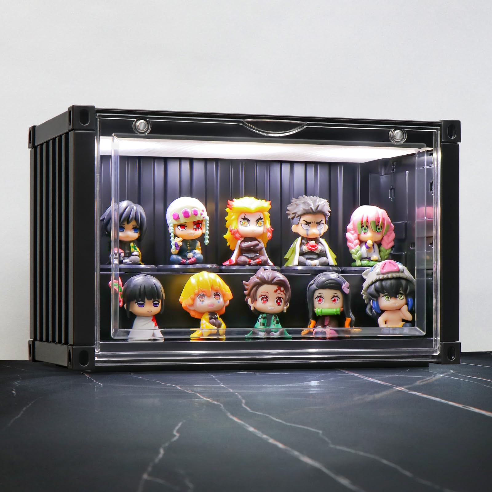 Naconmlet Clear Small Display Case for Miniature Figures and Funko Pop - LED-Lit, Dustproof,Stackable Showcase Display Cases for Collectibles Mini Toys (Black, 9