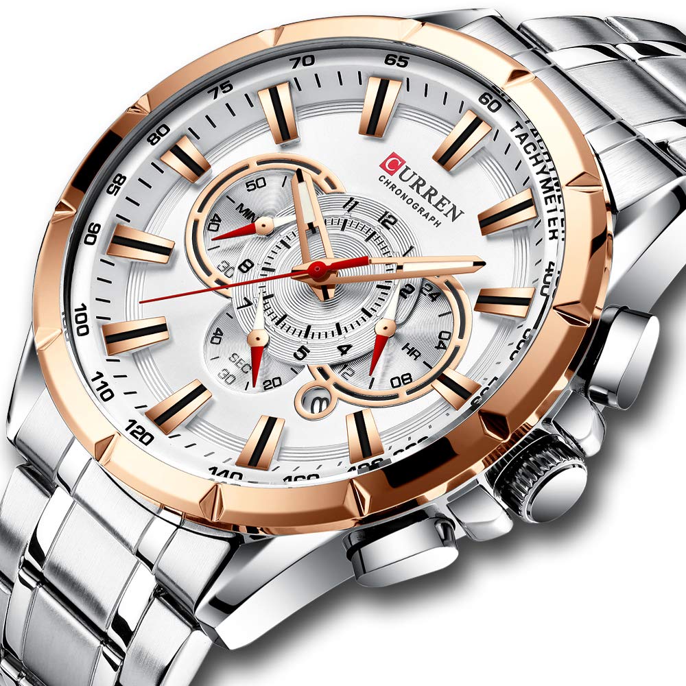 Curren Reloj de pulsera para hombre, tres subesferas, visualización de fecha, acero plateado, reloj de cuarzo deportivo, color blanco 8363, plata, 22, pulsera