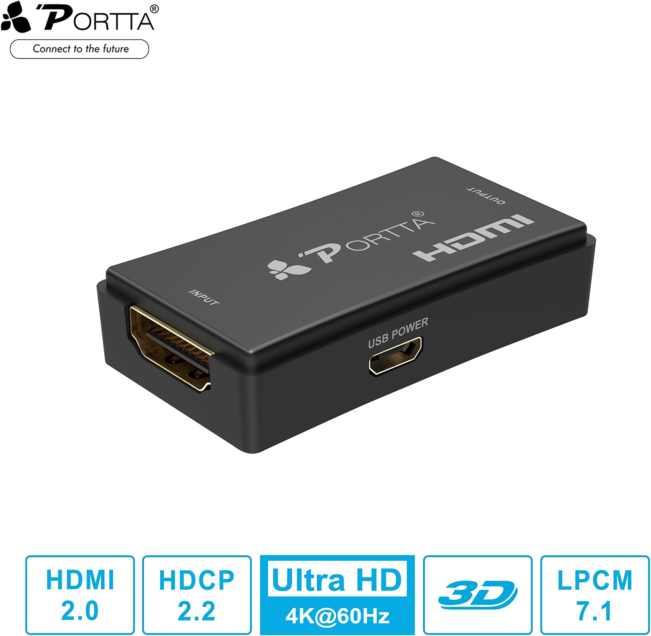 Portta HDMI 2.0 Repeater 25m UHD 4K@60Hz (YUV 4:4:4) 3D HDMI 2.0 Extender/Signal Amplifier/Booster/Adapter Support HDR HDCP2.2 CEC for PS4 PRO/Xbox One/Roku/Apple TV/Fire TV