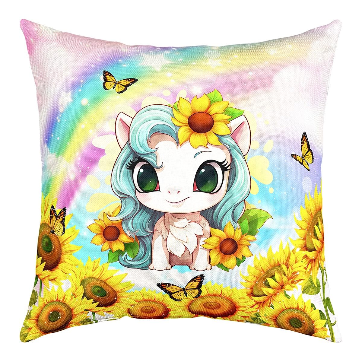 Homewish Cute Unicorn Throw Pillow Cover 24x24 Inch Watercolor Sunflowers Colorful Gradient Rainbow Cushion Cover for Kids Girls Teens Wild Butterfly Cartoon Animal Cushion Case for Party Sofa