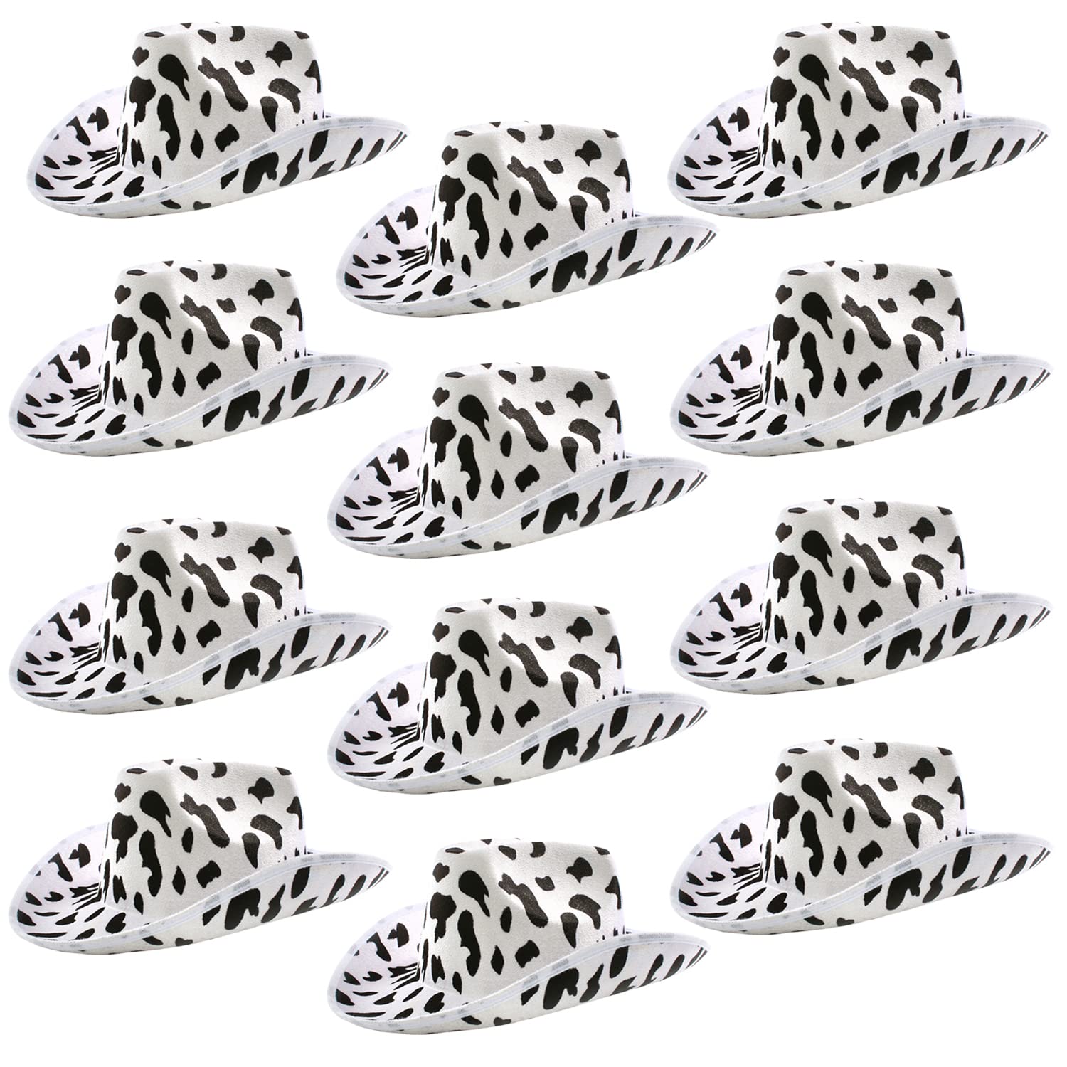 Adults Cow Print Cowboy Hat - Pack of 12 - White Felt Cowboy Hat with Black Cow Pattern - Adults Western Cowboy Y2K Fancy Dress Costume Accessory