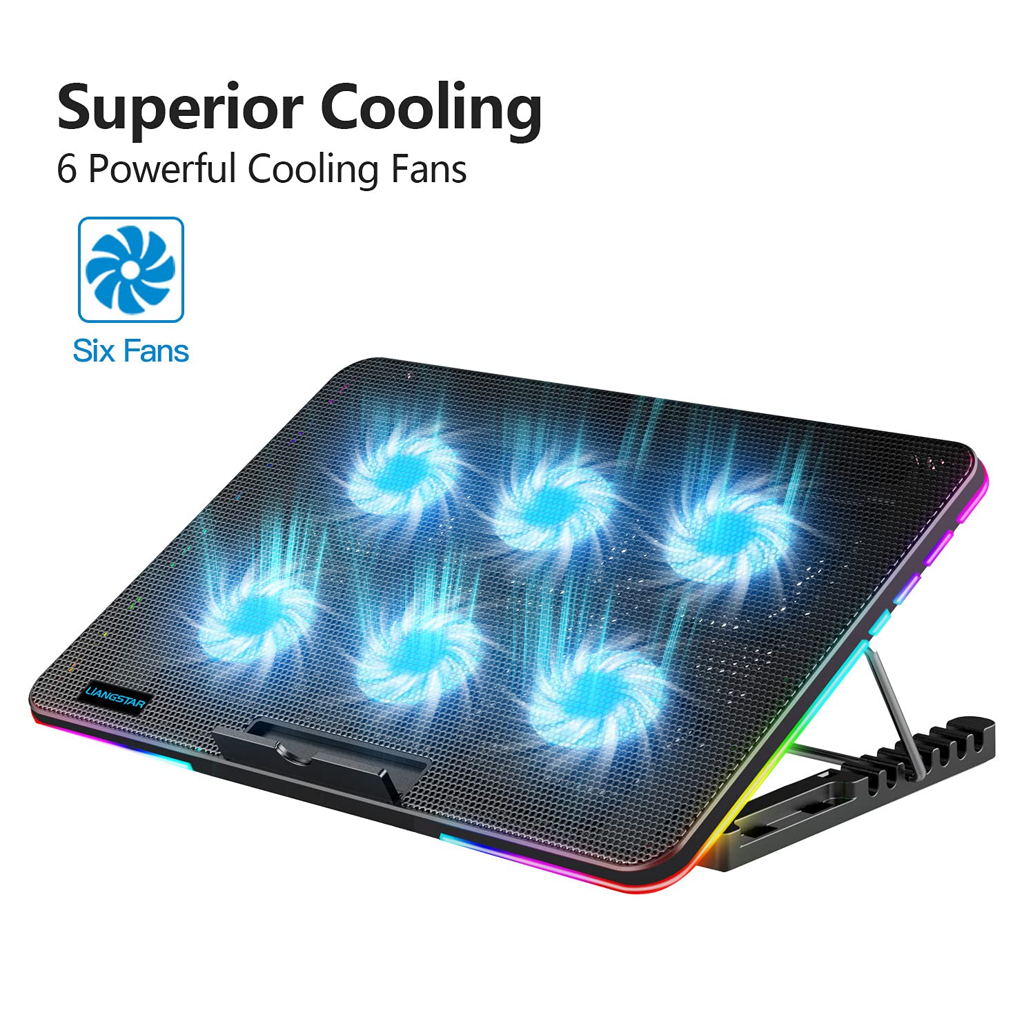 LIANGSTAR Base di Raffreddamento PC Portatile, Raffreddamento per Laptop，10 Luci RGB modalità & 7 Regolabile in Altezza, 2 Lndipendente velocità Controllo, Adatto per Laptop da 11,3-17 Pollici