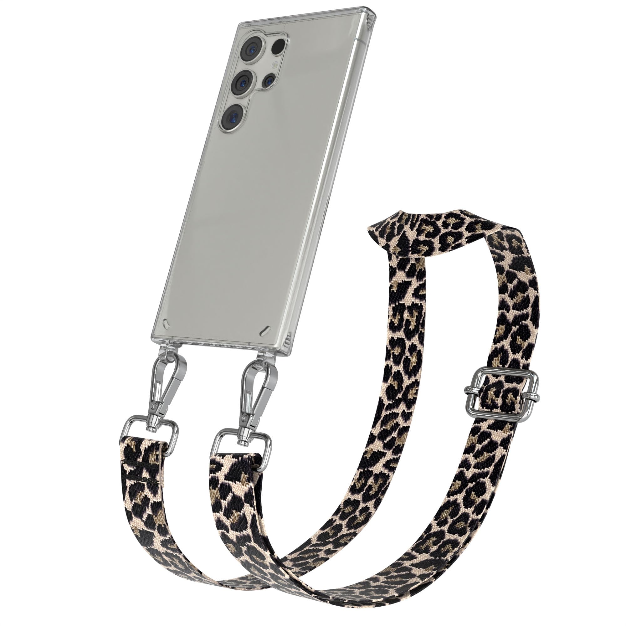 EAZY CASE Handykette - Verstellbares Taschenband kompatibel mit Galaxy S24 Ultra, Schulterriemen, Handykordel mit Silikon Hülle, Umhängetasche, Leo - Schwarz Beige Silber