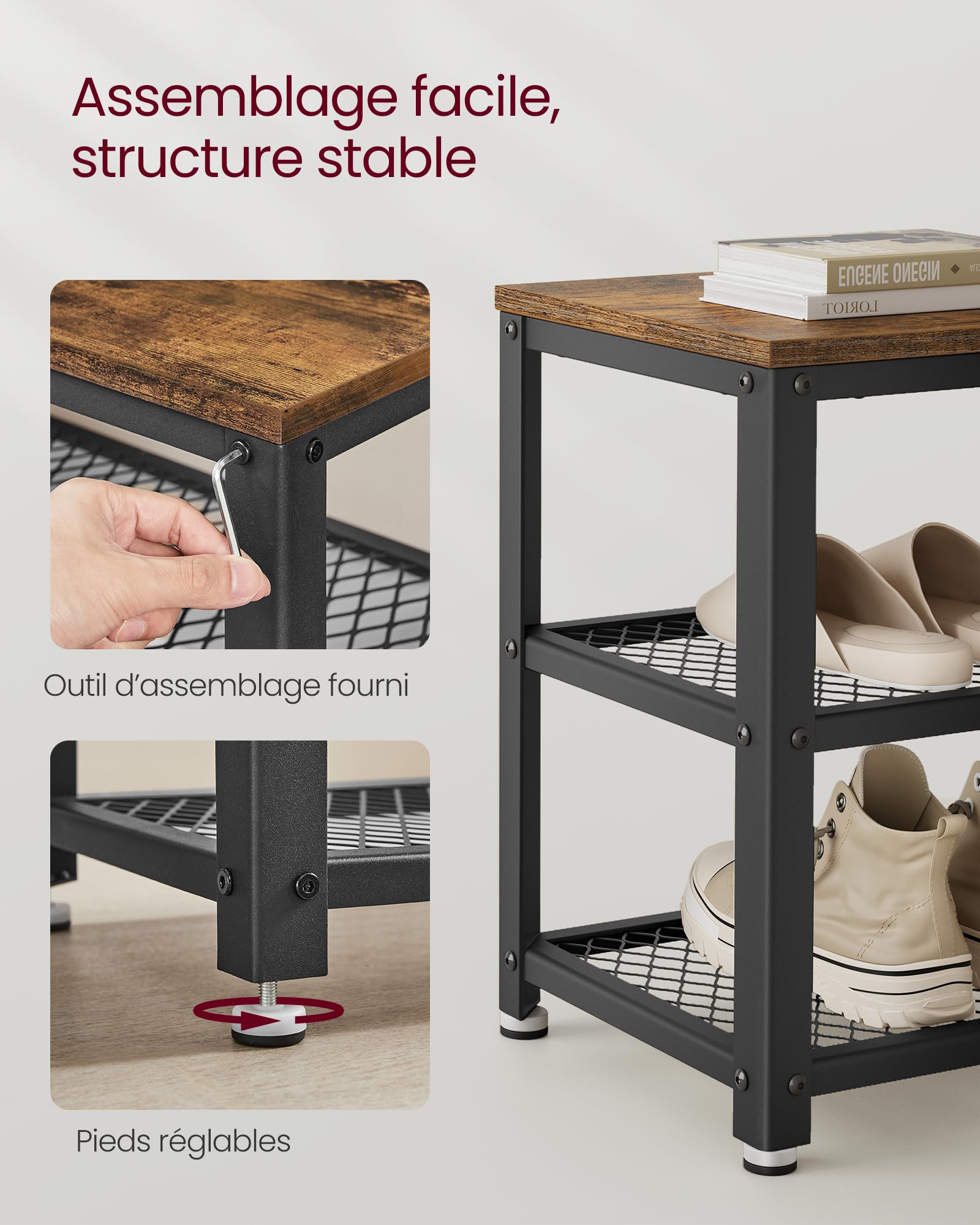 VASAGLE Banc à chaussures, Étagère de rangement à 2 niveaux, Organisateur, à chaussures, 73 x 30 x 45 cm, pour entrée, salon, cadre en acier, style industriel, Marron Rustique et Noir LBS73X