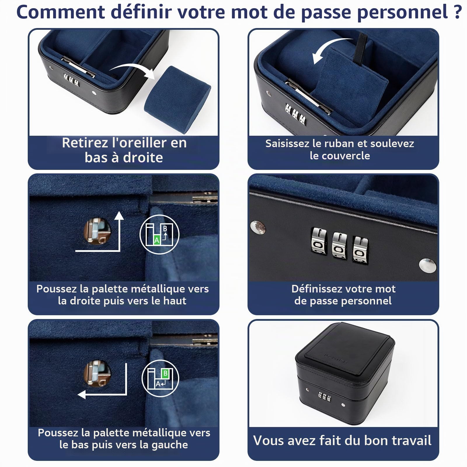 KAMIER Coffret de Voyage pour Montres, Étui Homme 2 Montres Solide en PU Cuir avec Cadenas à Combinaison, Boîte de Rangement Portable pour Montre, Bagues et Colliers – Cadeau Homme et Femme – Noir