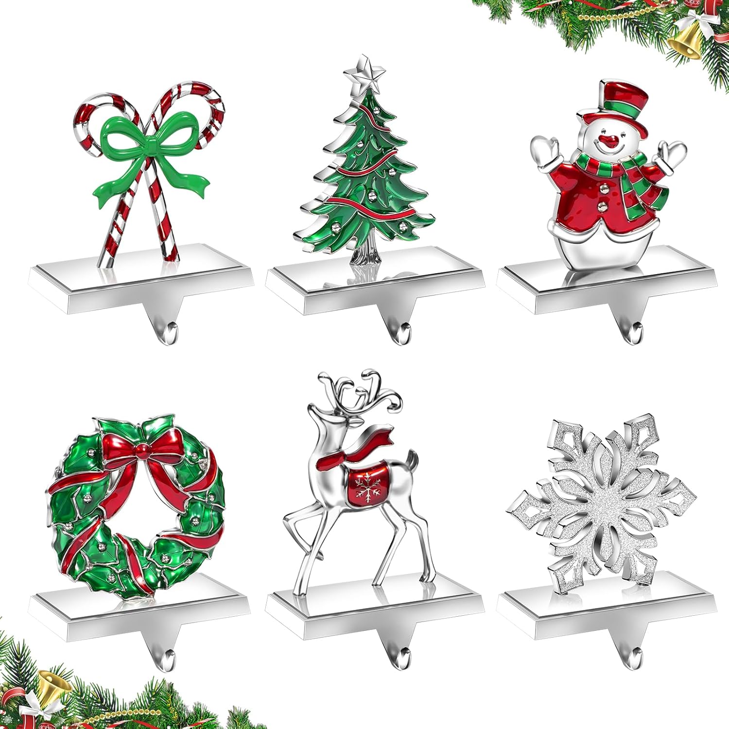Christmas Stocking Holders for Mantle Set of 6, Heavy Duty 3D Stocking Stand Weighted Stocking Hooks Christmas Ornaments Decorations for Fireplace Tabletop